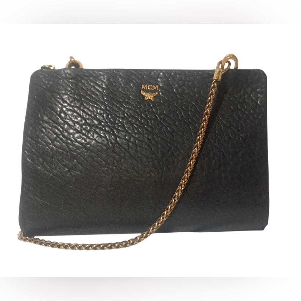 MCM Black Pebbled Leather Crossbody with Gold Chain